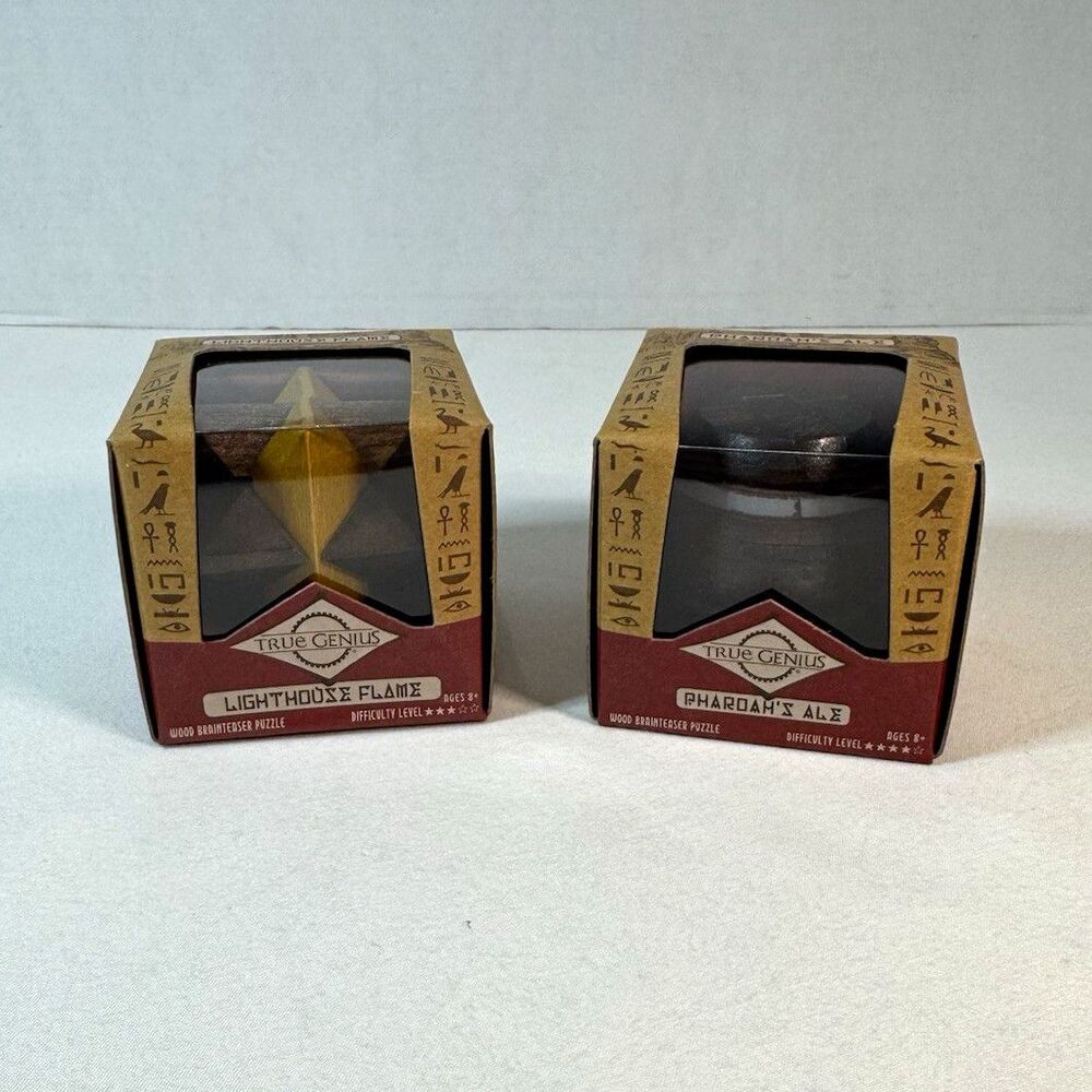True Genius Wooden Brainteaser Puzzle Lot Lighthouse Flame & Pharaoh's Ale